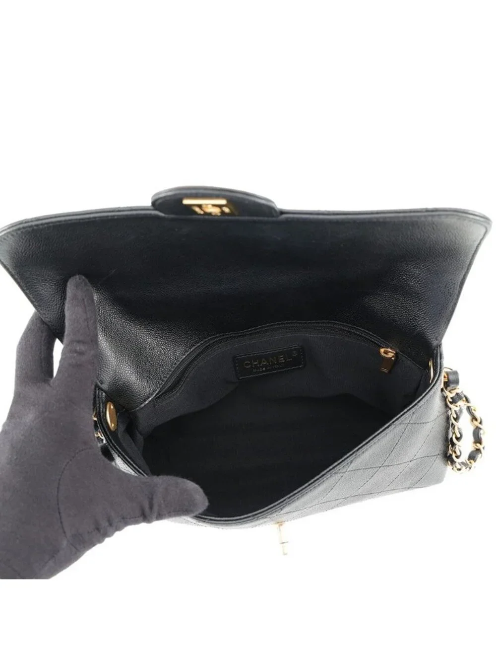 Chanel Shoulder Bag Quilted CC Logo Caviar Leather Black 2-Way